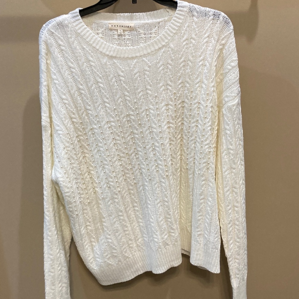 RetrelogyCream Cable Knit Sweater,decorated with pearls